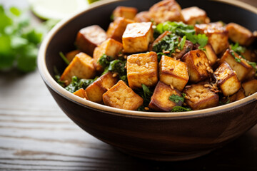 Wall Mural - Crispy roasted tofu in a bowl topped with green herbs, roasted in the oven or fried in a skillet