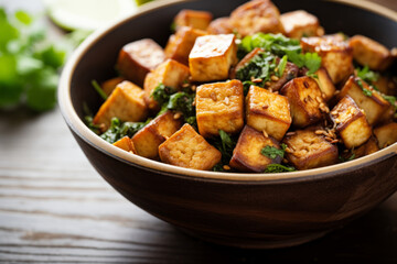 Canvas Print - Crispy roasted tofu in a bowl topped with green herbs, roasted in the oven or fried in a skillet