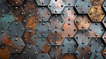 An Industrial Digital Hexagon Background, With Metallic Hexagons In Varying Shades Of Steel, Bronze, And Copper, Interspersed With Rivets And Bolts.