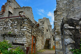 Fototapeta Kwiaty - ruiny zamku na górze, castle, ruins of a castle on a hill against the blue sky	