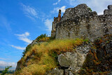 Fototapeta Lawenda - ruiny zamku na górze, castle, ruins of a castle on a hill against the blue sky	