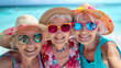 smiling three Senior Ladies in Colorful Hats and Sunglasses taking a selfie photo Enjoying a holidays at the Beach
