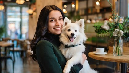 Portrait of beautiful young woman holding her dog in hands. Cute white dog in arms of loving owner. With dog in coffe shop