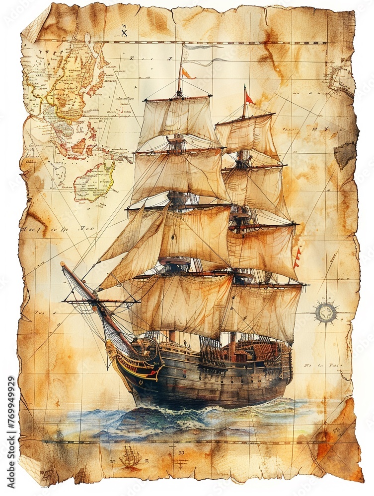 Watercolor pirate ship with a treasure map background, detailed in ...