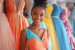 Black young girl chooses prom dress in boutique