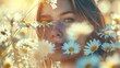 Beautiful portrait  woman in daisies flowers at sunset.