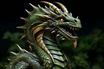 Chinese green dragon on dark background. Closeup view