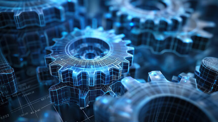 sophisticated 3d wireframe gear on dark blue background, captures essence of mechanical engineering.