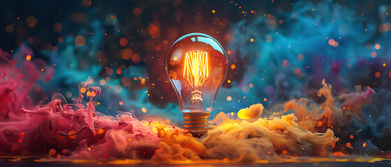 Depiction of sudden intellectual illumination: lightbulb amidst colorful paint explosion symbolizes moment of inspiration, convergence of creativity and idea generation in spectacular display