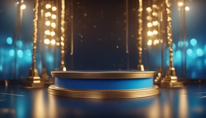 Wall Mural - Empty podium golden on blue background with light neon effects with bokeh decorations. Luxury scene