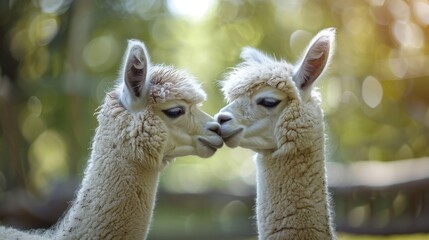 Wall Mural - Two alpacas kiss in spring