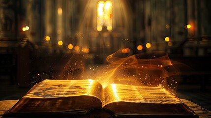 Wall Mural - an open Holy Bible book in a church, bathed in glowing lights, evoking a profound sense of spirituality and reverence.