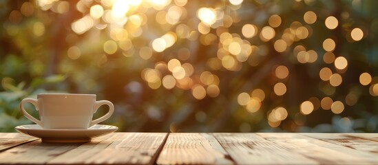 Wall Mural - Coffee table is empty in the evening against a blurred background, with space for text.