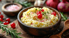 Creamy Mashed Potatoes Garnished With Herbs And Pomegranate Seeds In A Rustic Bowl, With Onions And Rosemary In The Background.