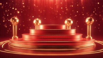 Wall Mural - Empty podium golden on red background with light neon effects with bokeh decorations. Luxury scene