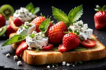 Sticker - sandwich with fresh strawberries, kiwi, cottage cheese in a plate