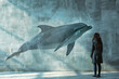 A woman stands in front of a wall with a dolphin on it