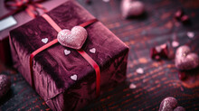 Close-up Of A Maroon Gift Box Wrapped In Luxurious Velvet, Surrounded By Dainty Heart-shaped Accents On A Dark Mahogany Wooden Background.