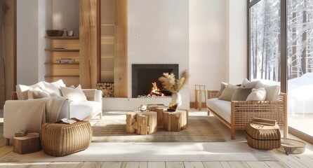 Wall Mural - A modern living room with comfortable sofas, a wooden fireplace and white walls