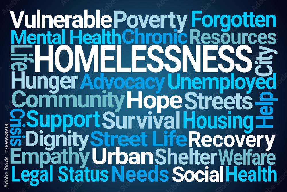 Homless Symbol Language Homelessness Word Cloud on Blue Background Stock Illustration | Adobe Stock