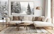 A modern living room with white sofa and wood coffee table. Wall art of snow forest