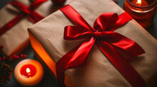 Macro Shot Capturing The Texture Of A Kraft Paper Gift Box, Accented By A Vibrant Red Ribbon And Illuminated By Candlelight.