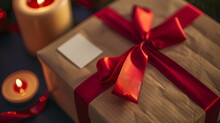 Macro Shot Capturing The Texture Of A Kraft Paper Gift Box, Accented By A Vibrant Red Ribbon And Illuminated By Candlelight.