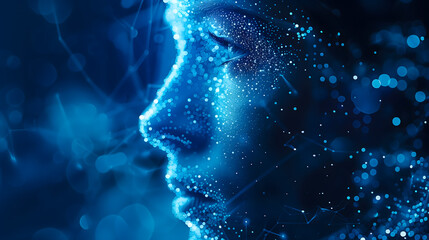 Wall Mural - An illustration of a holographic woman face in blue colors. Visualization of artificial intelligence