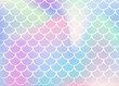Holographic mermaid background with gradient scales. Bright color transitions. Fish tail banner and invitation. Underwater and sea pattern for girlie party. Pearlescent back with holographic mermaid.