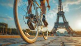 Close-up of bicycle wheels and cyclist, with the Eiffel Tower blurred in the background at sunset