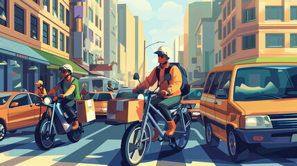 Busy urban street filled with different modes of transportation and delivery drivers