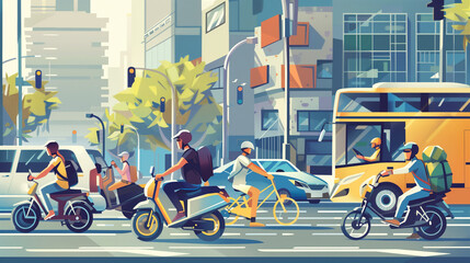 Busy urban street filled with different modes of transportation and delivery drivers