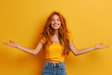 Fototapeta  - Photo of excited positive lady dressed cowskin top comparing arms empty space isolated yellow color background