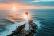 A lighthouse standing tall with a heart-shaped symbol on its roof, symbolizing love and guidance, A heart-shaped lighthouse directing light towards an endless ocean, AI Generated