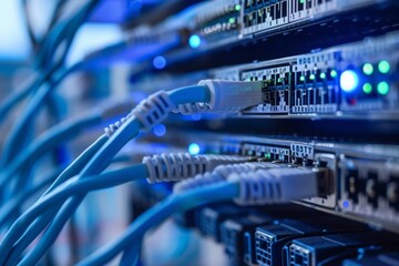 Poster - Multiple wires connected to a server, forming a complex network infrastructure, A high-level overview of a LAN network in minimal design, AI Generated