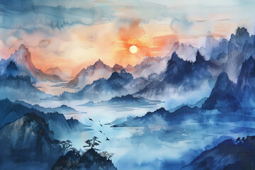 Wall Mural - A painting of mountains with a sun in the sky