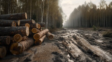 Stacks Of Freshly Cut Logs Lie Beside A Muddy Forest Road Surrounded By Tall Birch Trees Under A Soft Morning Light.