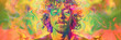 A man with curly hair and closed eyes is surrounded by a vibrant, psychedelic aura of swirling colors.