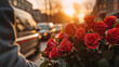 Flowers delivery concept. Bouquet of red roses in urban sunset light, concept of romantic gestures in the city