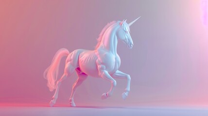 A white fairy tale unicorn with rainbow colored hair on a pastel pink background. Magical, elegant, abstract animal