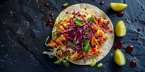 Wall Mural - Mouthwatering smoked BBQ pulled chicken taco with tangy coleslaw and pickles on a warm corn tortilla. Concept BBQ, Pulled Chicken, Coleslaw, Pickles, Tacos