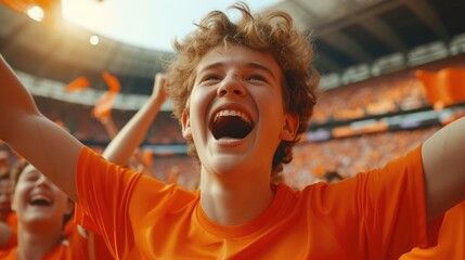 A joyful fan at a soccer event, happily shouting and gesturing with his arms in the air, showcasing his love for the game. AIG41