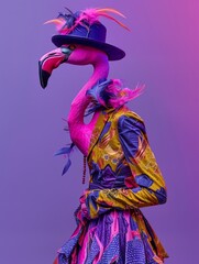 Wall Mural - Fashion pink flamingo in a colorful, modern, abstract dress. Futuristic catwalk outfit. Vivid colors, party look. Bright colors background