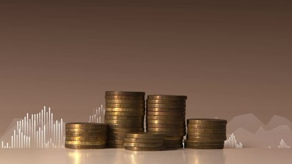Poster - Making money. Growing columns of coins against the background of graphs in the form of white arrows moving upward and diagrams. Cg
