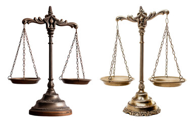 Antique balance scales of justice cut out on transparent background