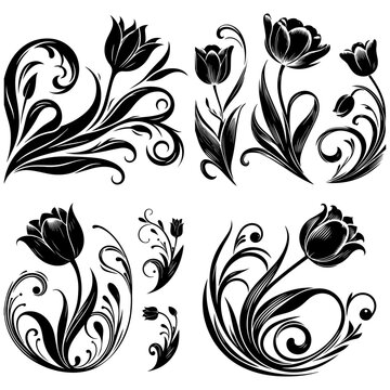 Vector rose silhouette flower illustration set and art
