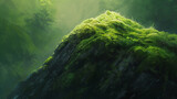 Fototapeta Konie - The soft fur of a moss-covered rock in a lush forest, with sunlight filtering through, against a jade green background.