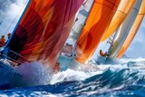 A group of sailboats fiercely racing in the ocean, competitors battling for position with colorful sails