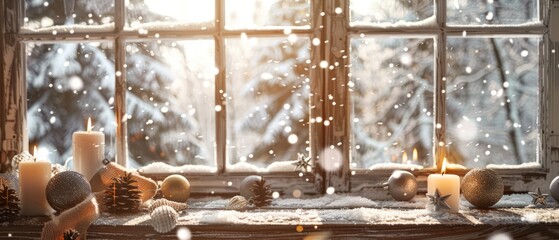 Poster - A window wooden frame, candles on the windowsill, Christmas decorations in beige tones inside the room and snowflakes falling outside the glass