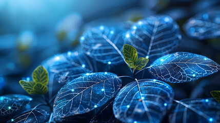 Digitally enhanced leaves glowing with neon circuit patterns, symbolizing the fusion of nature and technology